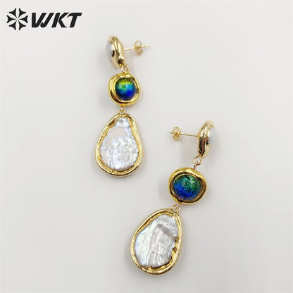 WT-MPE089 Gorgeous Fashion 18K Real Gold Plated Long Drop Freshwater Pearl Women Teardrop Earrings Handmade Dangle Earrings