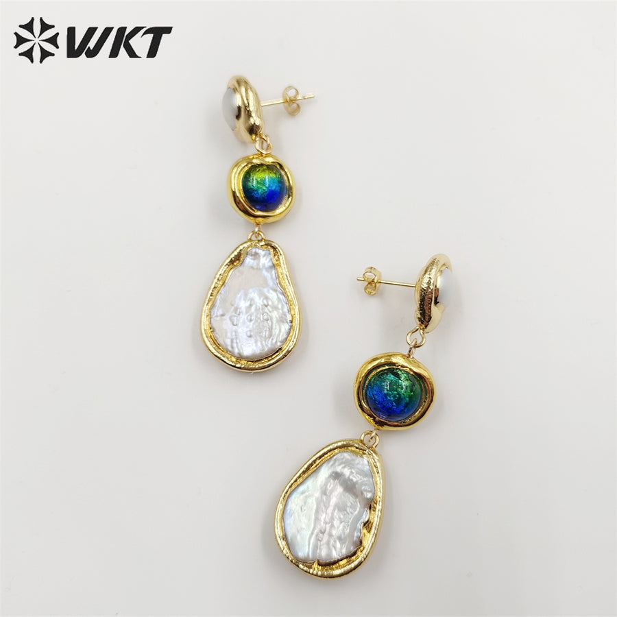 WT-MPE089 Gorgeous Fashion 18K Real Gold Plated Long Drop Freshwater Pearl Women Teardrop Earrings Handmade Dangle Earrings