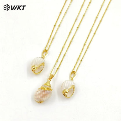 WT-JN023 New Arrivals! Wholesale Natural Shell Necklace Genuine Sea Shell Trumpet Pendants With Gold Color Plated for Lady Girl