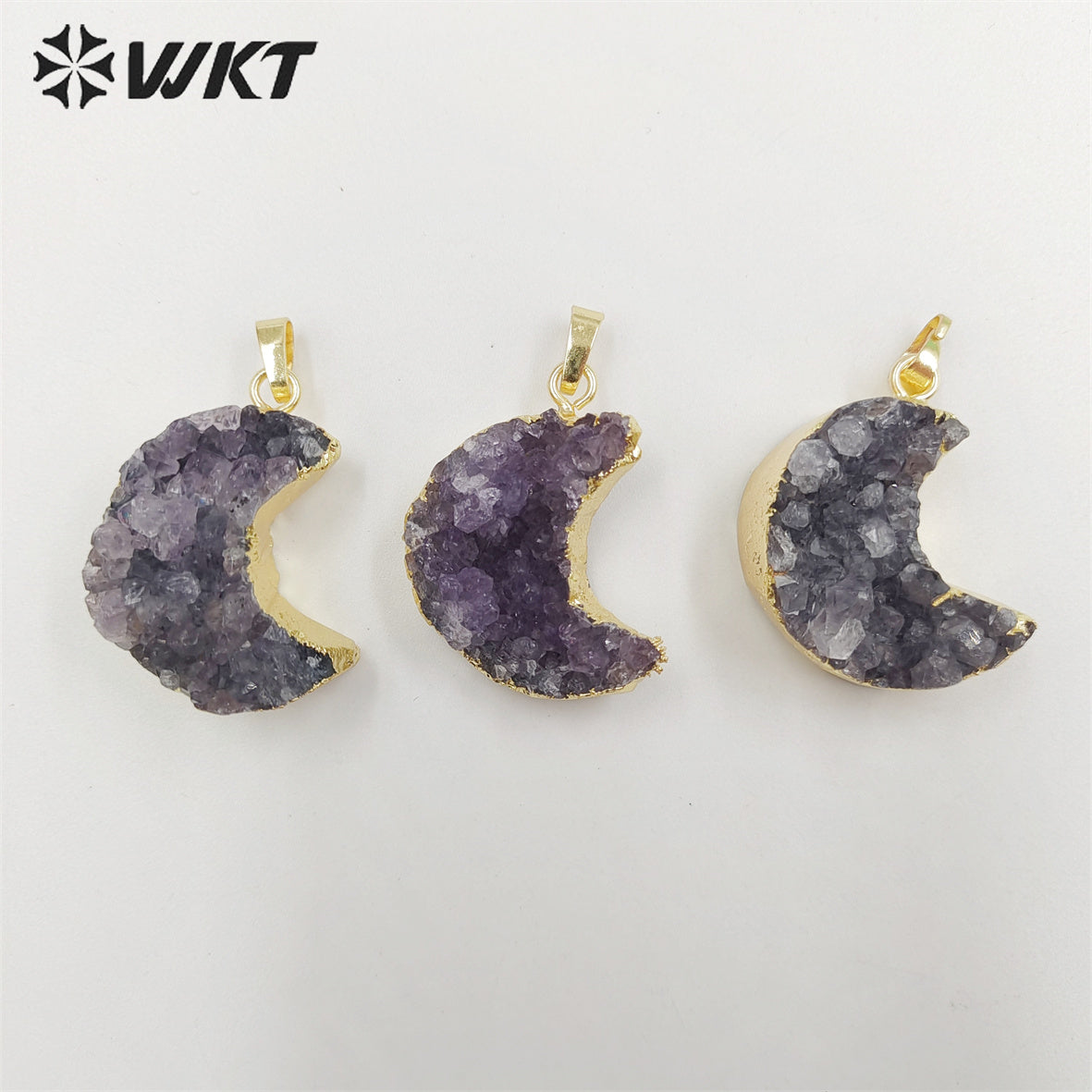 WT-P1858 Amazing Gorgeous Energy Natural Druzy Amethyst Moon Necklace with 18k Real Gold Plated Genuine Stone Amethyst