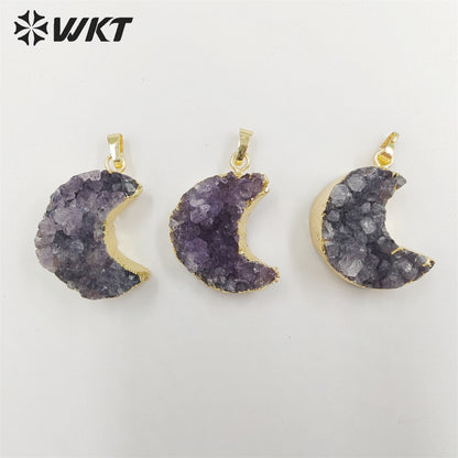 WT-P1858 Amazing Gorgeous Energy Natural Druzy Amethyst Moon Necklace with 18k Real Gold Plated Genuine Stone Amethyst