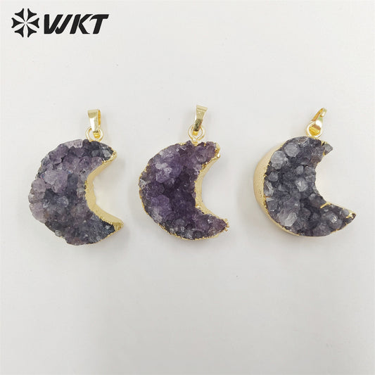 WT-P1858 Amazing Gorgeous Energy Natural Druzy Amethyst Moon Necklace with 18k Real Gold Plated Genuine Stone Amethyst