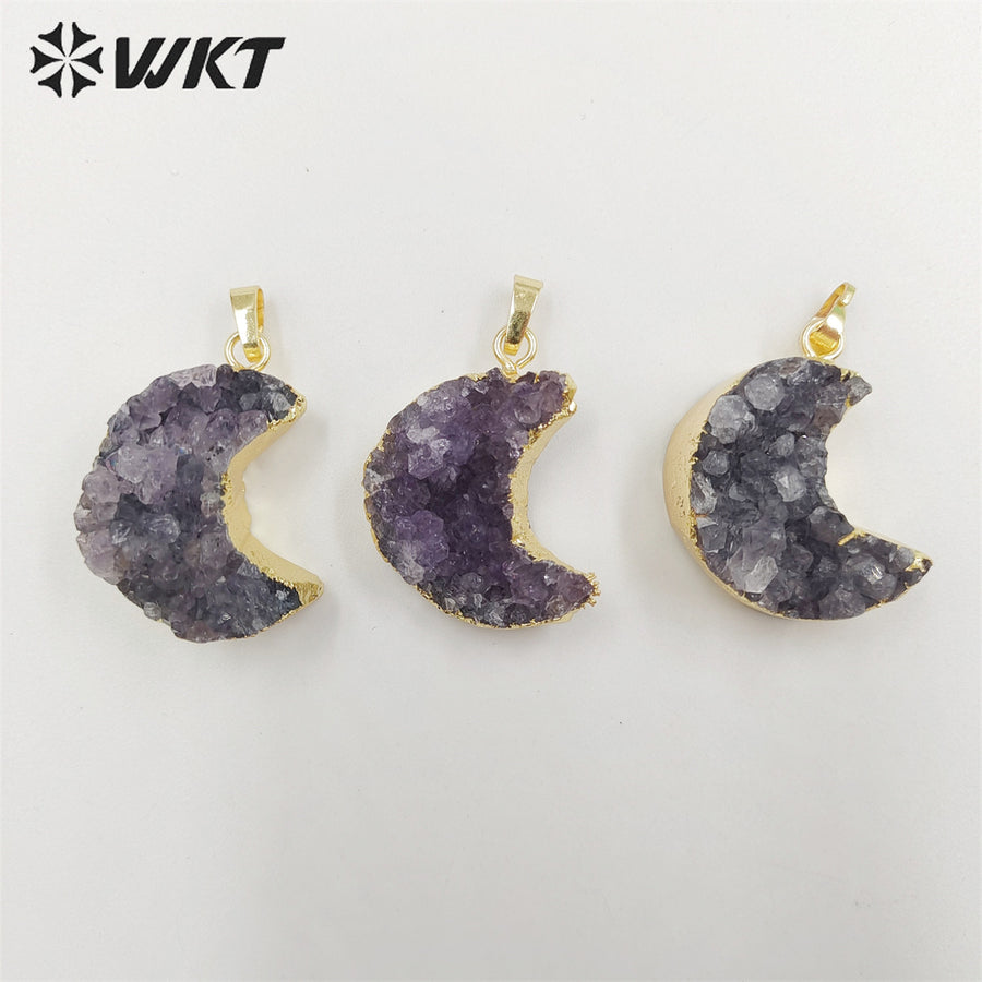 WT-P1858 Amazing Gorgeous Energy Natural Druzy Amethyst Moon Necklace with 18k Real Gold Plated Genuine Stone Amethyst