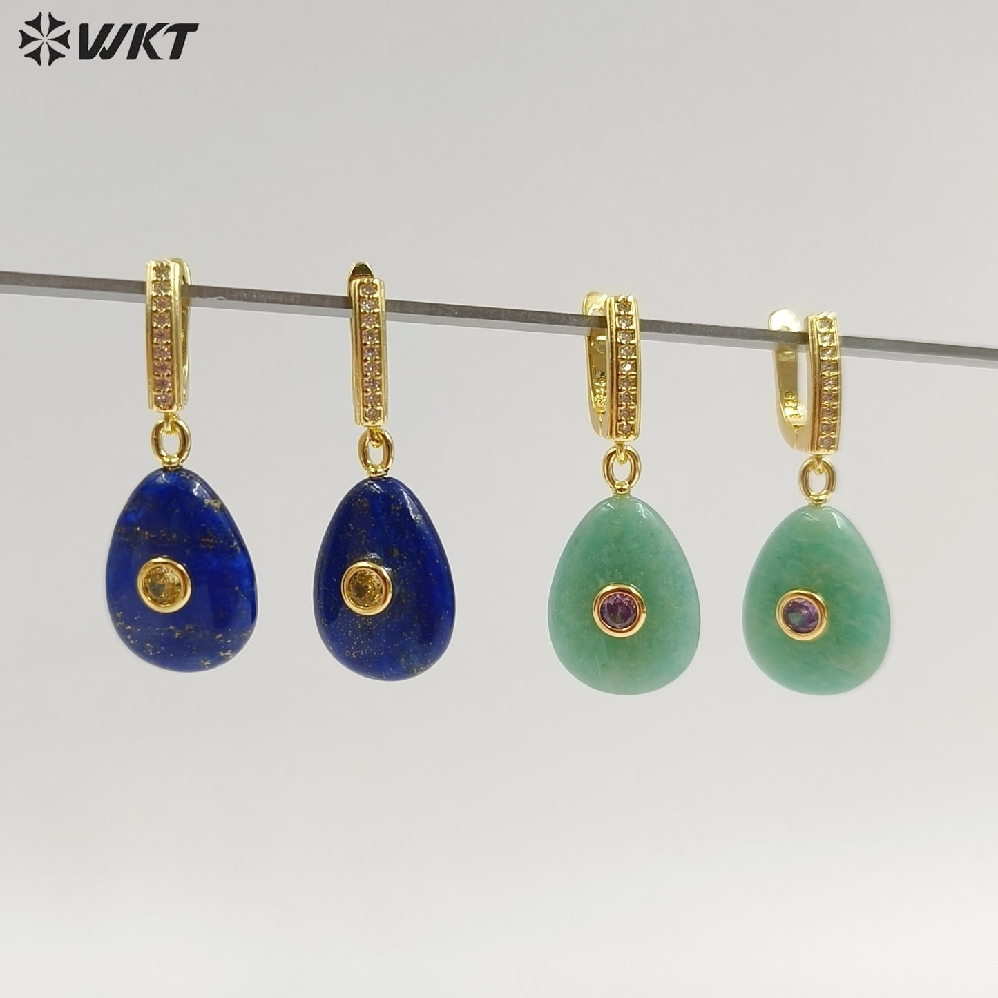 WT-E798 Beautiful Classic Gold Plated Natural Gemstones Setting In Zircon Waterdrop Shape Earrings As Lady Daily Decoration