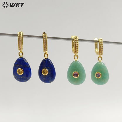 WT-E798 Beautiful Classic Gold Plated Natural Gemstones Setting In Zircon Waterdrop Shape Earrings As Lady Daily Decoration