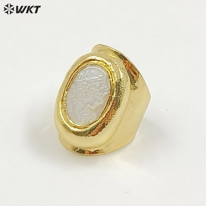 WT-MPR062 Wholesale Beautiful Hand Carved Shell Beauty Ring 18K Real Gold Plated Women Birthday Jewelry Gift