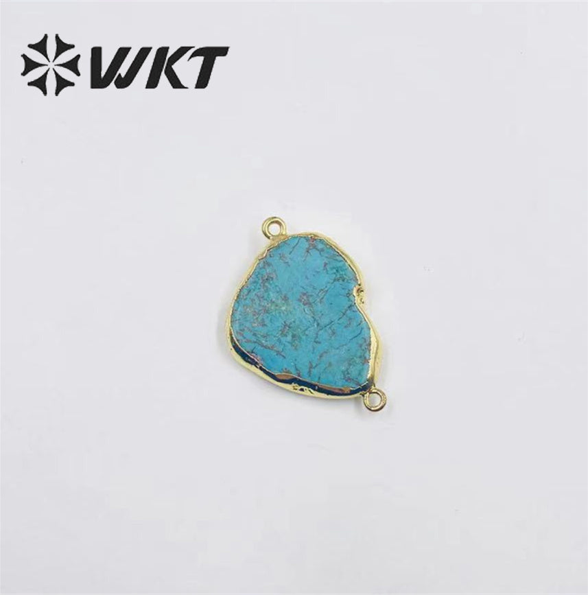 WT-C023 Newest Natural Slice Turquoise Gemstone Pendants With 24k Gold Edge Double Loops Green Howlite Stone Connectors