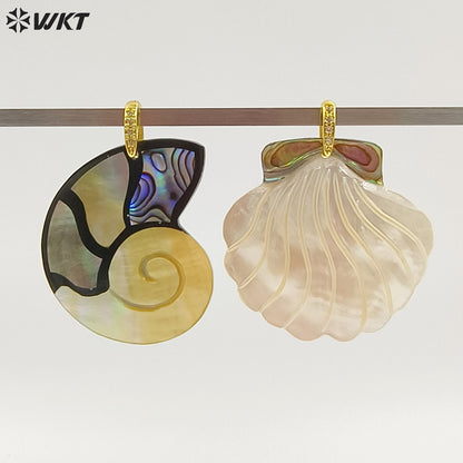 WT-JP467 Good Quality Delicate Various Natural Shells Splicing Conch Shape Pendants For Cute Necklaces Jewelry Design