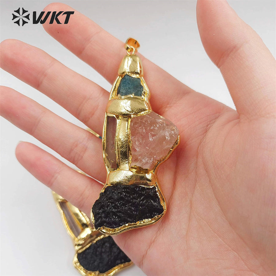 WT-P1905 Amazing Triple Gemstone Mixture Jewelry Pendants Genuine Energy Black Meteorite Rose Quartz Raw Stone Pendants