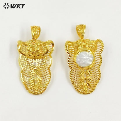WT-JP419 High Quality Gold Electroplated Round Natural Freshwater Pearl Leaves Shape Charm Pendant For Jewelry Handmade