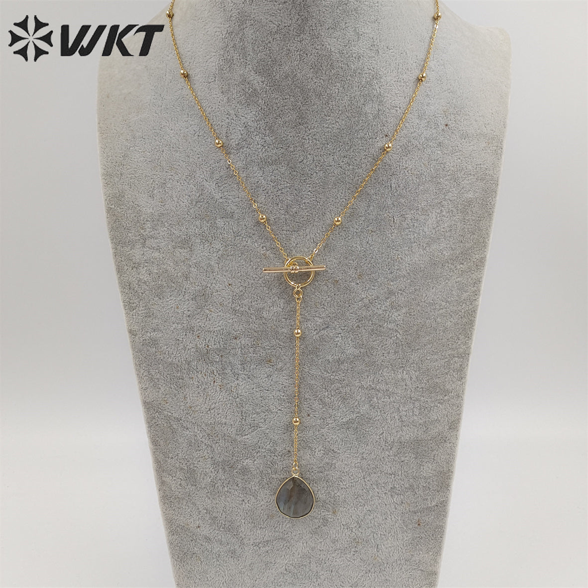 WT-N1386 WKT Newest Fashion Gold Plated Women Lariet Pendant Necklace Gold Beads Chain Themed Stone Necklace