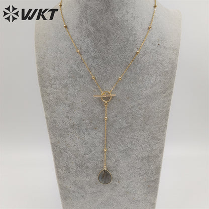 WT-N1386 WKT Newest Fashion Gold Plated Women Lariet Pendant Necklace Gold Beads Chain Themed Stone Necklace