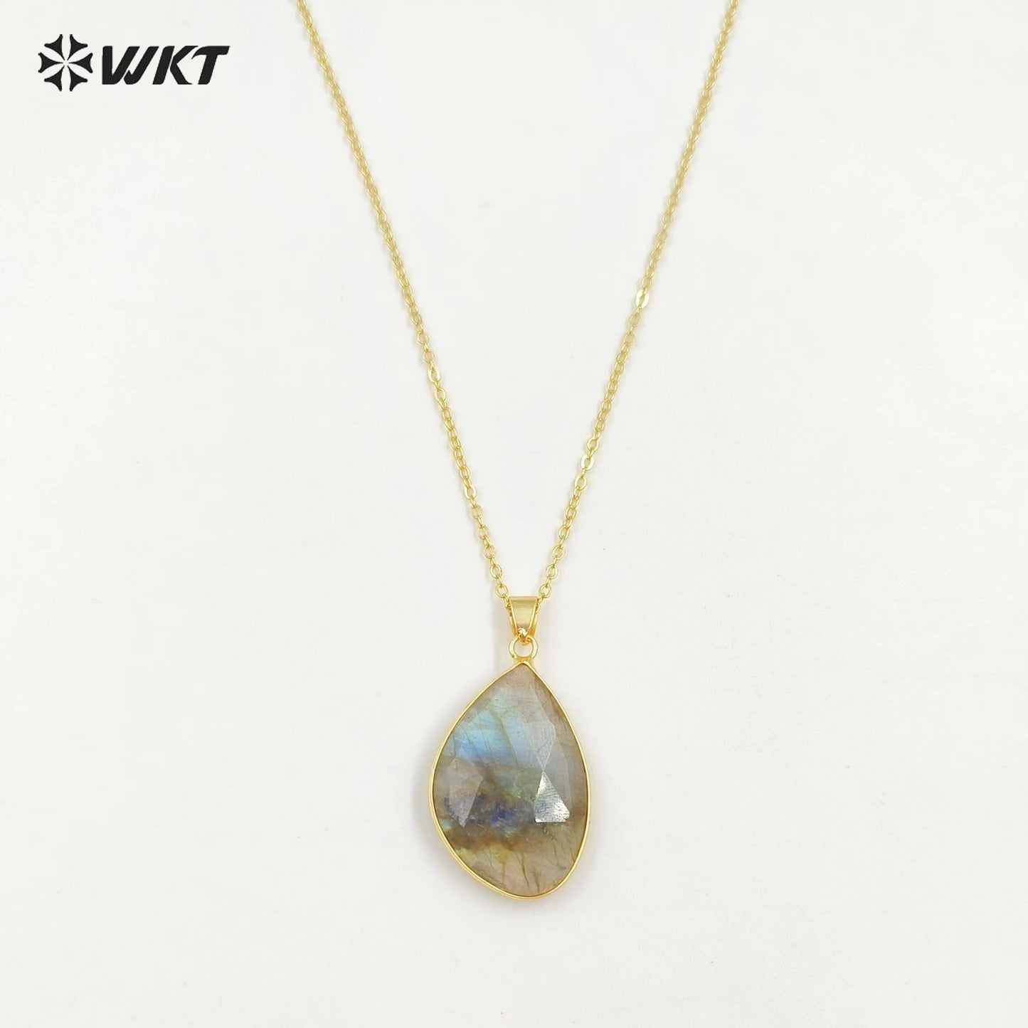 WT-N1453 Amazing Flashy Double Faceted Carving Natural Labradorite Stone Necklace With 18 Inch Chain Pendant Necklace