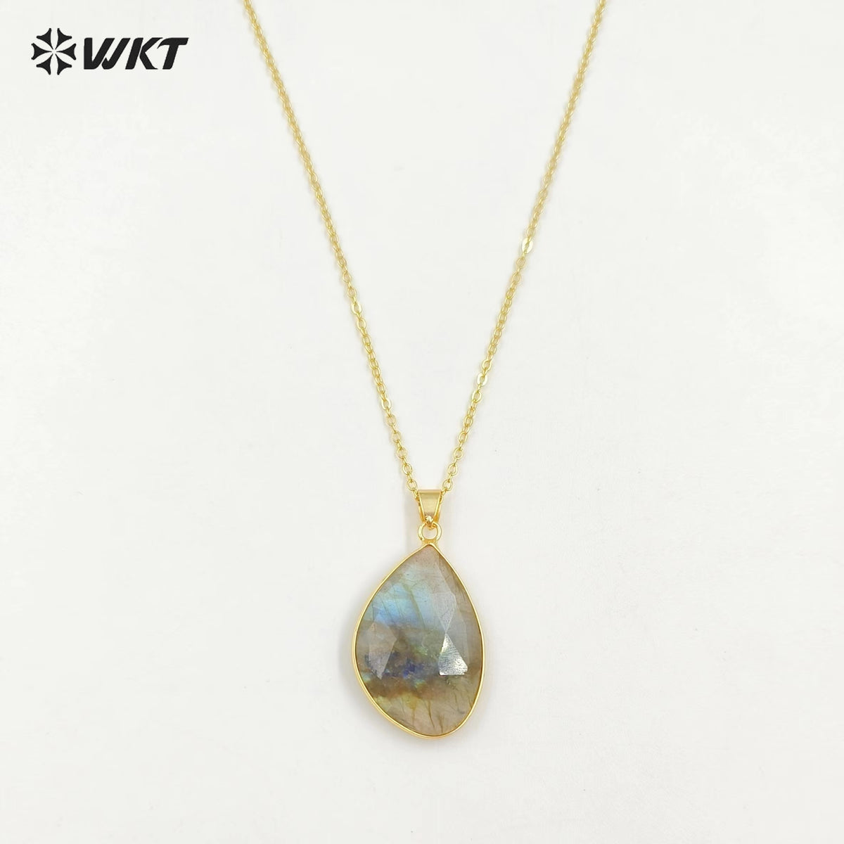 WT-N1453 Amazing Flashy Double Faceted Carving Natural Labradorite Stone Necklace With 18 Inch Chain Pendant Necklace