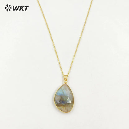 WT-N1453 Amazing Flashy Double Faceted Carving Natural Labradorite Stone Necklace With 18 Inch Chain Pendant Necklace