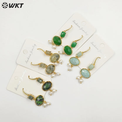 WT-MPE110 Bohemia Elegant Natural Pearl and Stone 18k Gold Plated Gift for Women Weeding 58mm Romantic Pendant Earrings