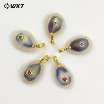 WT-JP493 Fashion Trend Blue Eye Cowrie Shell With Round Zircon Little Pendants Charms For Women Earrings Jewelry Design