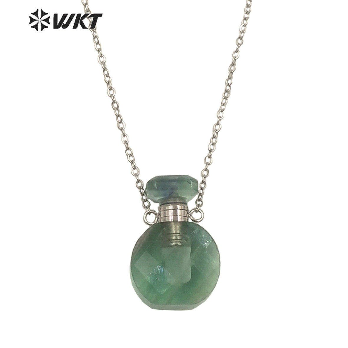 WT-N1457 New Design Natural Rainbow Fluorite Faceted Gold Plated and Stainless Steel Essencial Oil Bottle Necklace Jewelry