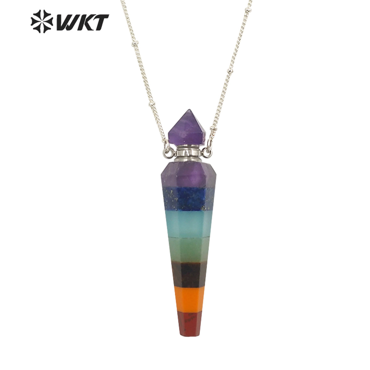 WT-N1406 Wholesale Fashion Energy Seven CHAKELA Natural Stone Essencial Oil Bottle Pendant Necklace with 18k Gold Stellite Chain