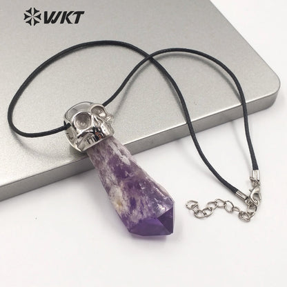 WT-N1213 Special Design Natural Amethyst Skull Pendant Necklace New Charm Jewelry Amethyst Necklace