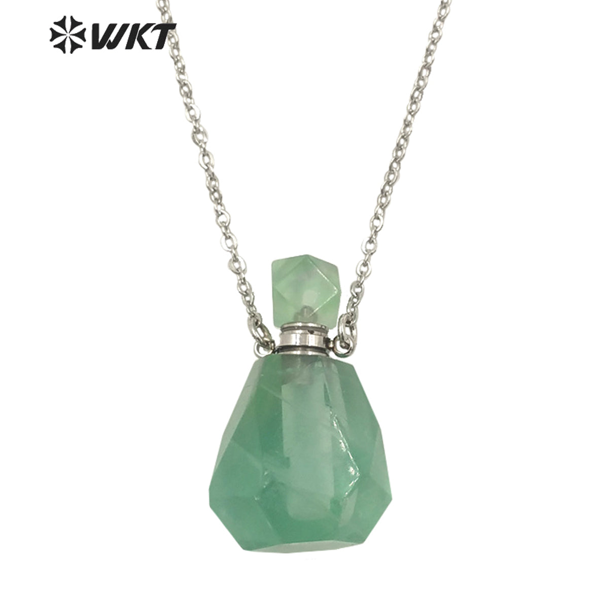 WT-N1312 Wholesale Fashion Gold Stainless Steel Handmade Cab Chon Natural Raw Fluorite Stone Perfume Bottle Necklace for Women