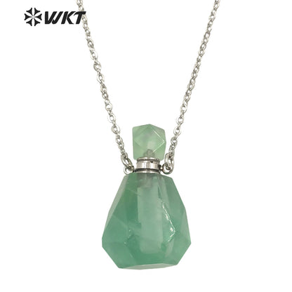 WT-N1312 Wholesale Fashion Gold Stainless Steel Handmade Cab Chon Natural Raw Fluorite Stone Perfume Bottle Necklace for Women