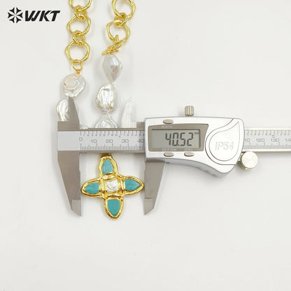 WT-JN324 Amazing Popular Christian High Precious Freshwater Pearl and Cross Turquoise Pendant Necklace with Chunky Chain