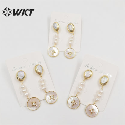 WT-MPE080 Women Gorgeous Gold Plated Natural Freshwater Pearl Earrings Delicate Long Charming Real Pearl Lady Studs