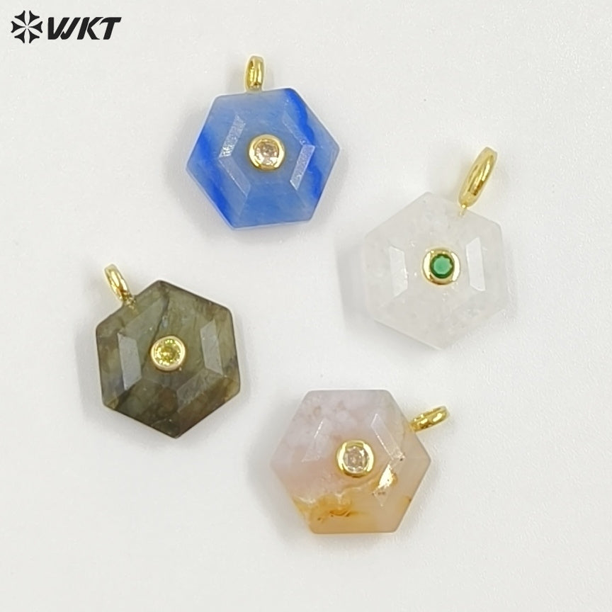 WT-P2060 Popular Trendy Round Zircon And Various Natural Gemstones Geometric Hexagon Pendants For Lady Necklace Handmade Jewelry