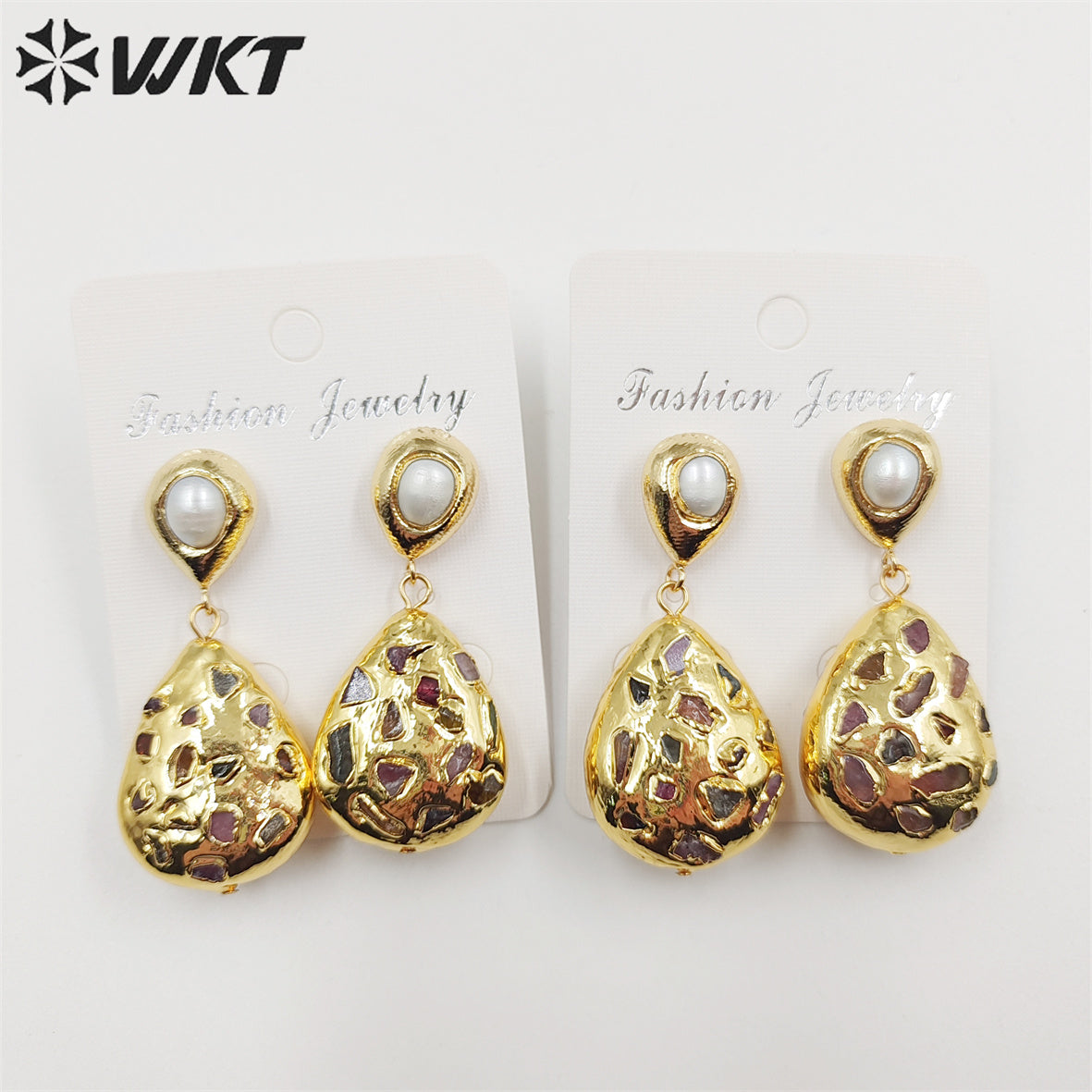 WT-MPE088 WKT NEW Design 18k Real Gold Plated Teardrop rubble Tourmaline Made Pearl Studs Earrings Gorgeous Charming Drop Studs