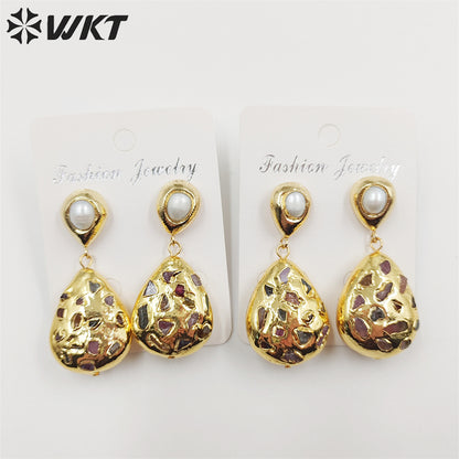 WT-MPE088 WKT NEW Design 18k Real Gold Plated Teardrop rubble Tourmaline Made Pearl Studs Earrings Gorgeous Charming Drop Studs