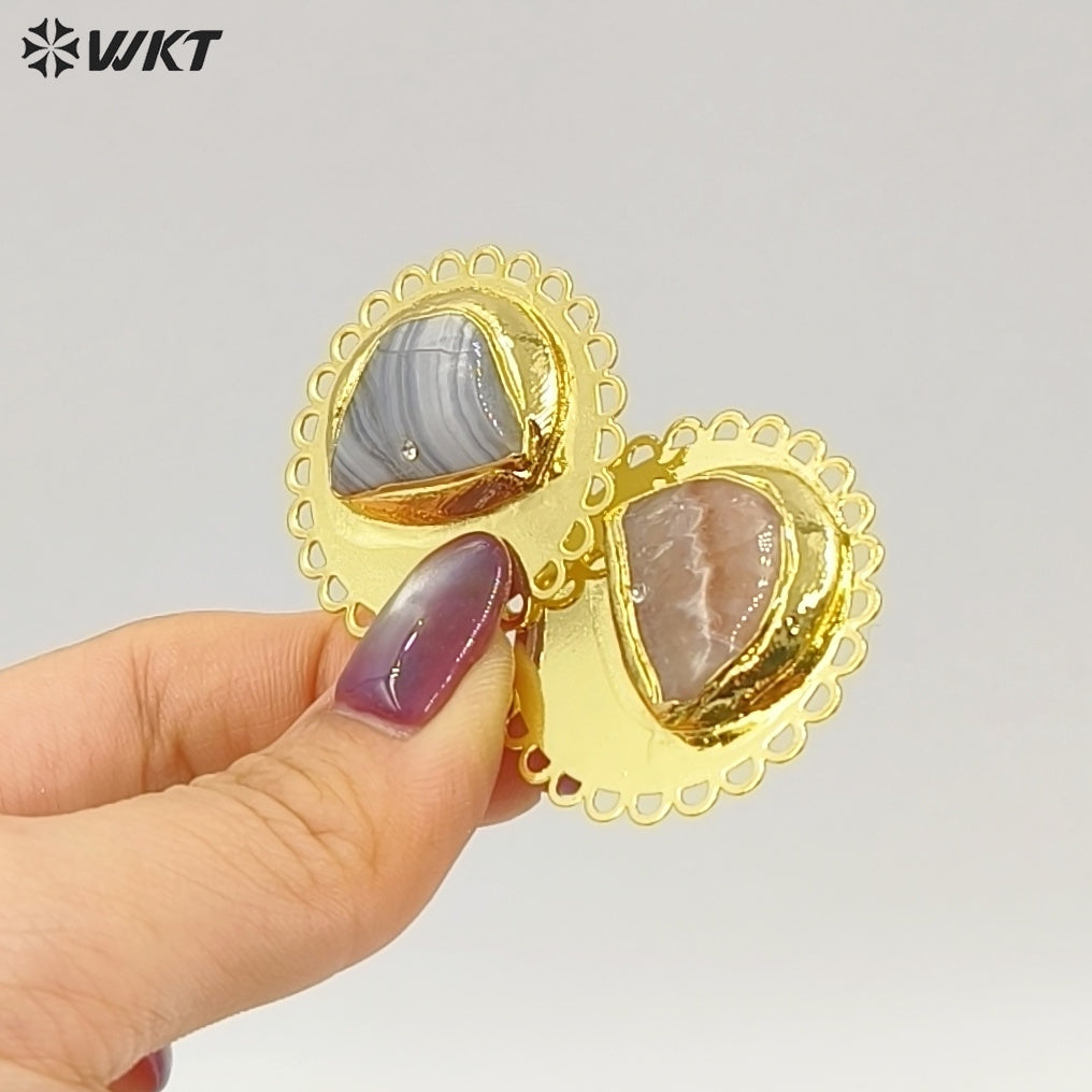 WT-P2082 Newest Design Gold Electroplated Metal And Natural Mexico Agate Stone Pendants For Handmade Necklace DIY Findings