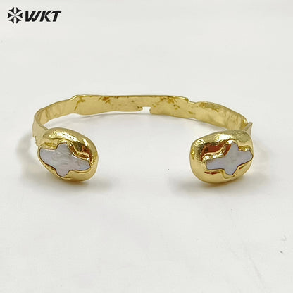 MPB106 Amazing Christian Religious Double Cross Freshwater Pearl Set 18K Gold Plated Metal Bangle in Adjustable