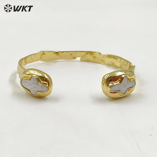 MPB106 Amazing Christian Religious Double Cross Freshwater Pearl Set 18K Gold Plated Metal Bangle in Adjustable