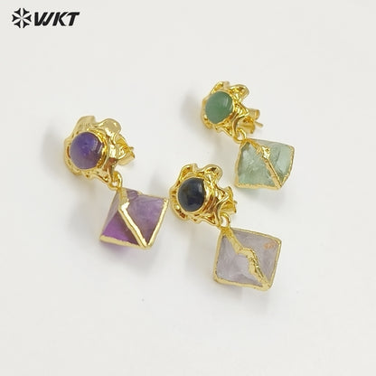 WT-E793 Exquisite Unique 18K Gold Electroplated Natural Gemstones Rhombus Little Earrings As Women Party Birthday Present