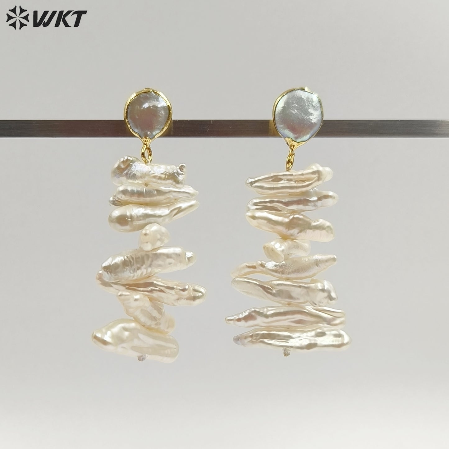 WT-E498 Irregular Shape Pearl Earring Stud With Long Bar Pearl Random Size Jewelry Natural Freshwater Pearl Earring