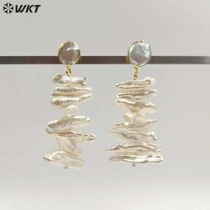 WT-E498 Irregular Shape Pearl Earring Stud With Long Bar Pearl Random Size Jewelry Natural Freshwater Pearl Earring