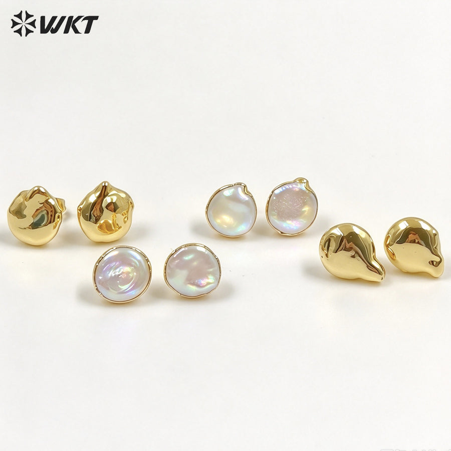 WT-MPE104 Latest Style Irregular Pearl Natural 18k Gold Plated Gift Weeding 10mm Romantic Pendant Earrings