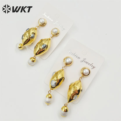 WT-MPE087 WKT New Design Oval Shape 18k Real Gold Plated Natural Pearl Earrings Lady Precious Long Dangle Handmade Wedding Studs