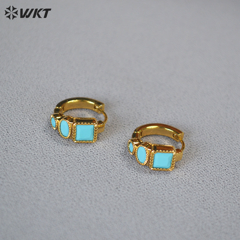 WT-E821 Fashionable Popular Natural Turquoise Copper Plated With Gold Little Earrings As Women Holiday Wearing Accessory