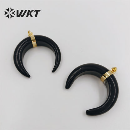 WT-P949 Newest Natural Black Obsidian Crescent Horn Moon Pendant Single Loop Gold Bezel Horn Stone Pendant