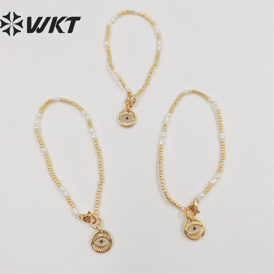 WT-MPB058 WKT Charming Gold Plated Tiny Beads Flexible Bracelet Fashion Micropaved Eye Beads Women Bracelet for Gift