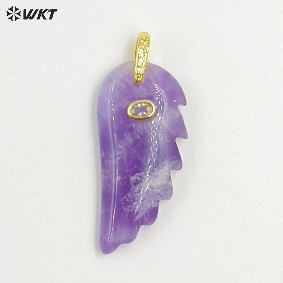 WT-P2061 Amazing Vaious Natural Gemstones And Zircon Carve Feather Shape Pendants As Female Cute Earrings DIY Accessory