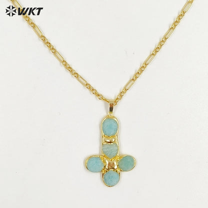 WT-N1495 Newest Wonderful Amazonite Natural Gemstone Back Full Gold Plated Cross Shape Pendant Necklace Fashion Jewelry