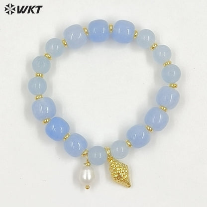 WT-B712 Beautiful Natural Gemstones Beads With Little Pearl And Shell Star Charms Gold Bracelets As Fashion Jewelry Accessory
