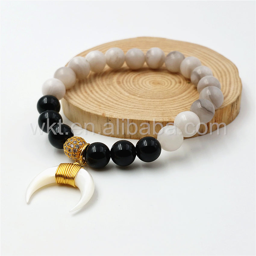 WT-B270 Genuine Natural Crescent Shell Horn Charm Grey Agate Beads Bracelet,Wire Wrapped Shell Bead Bracelet
