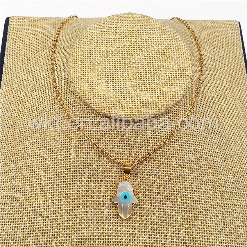 WT-N769 Wholesale 18K Gold Bezel Natural Sea Shell Hand Charm Necklace Turkey Eye Necklace