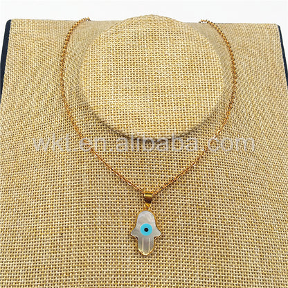 WT-N769 Wholesale 18K Gold Bezel Natural Sea Shell Hand Charm Necklace Turkey Eye Necklace