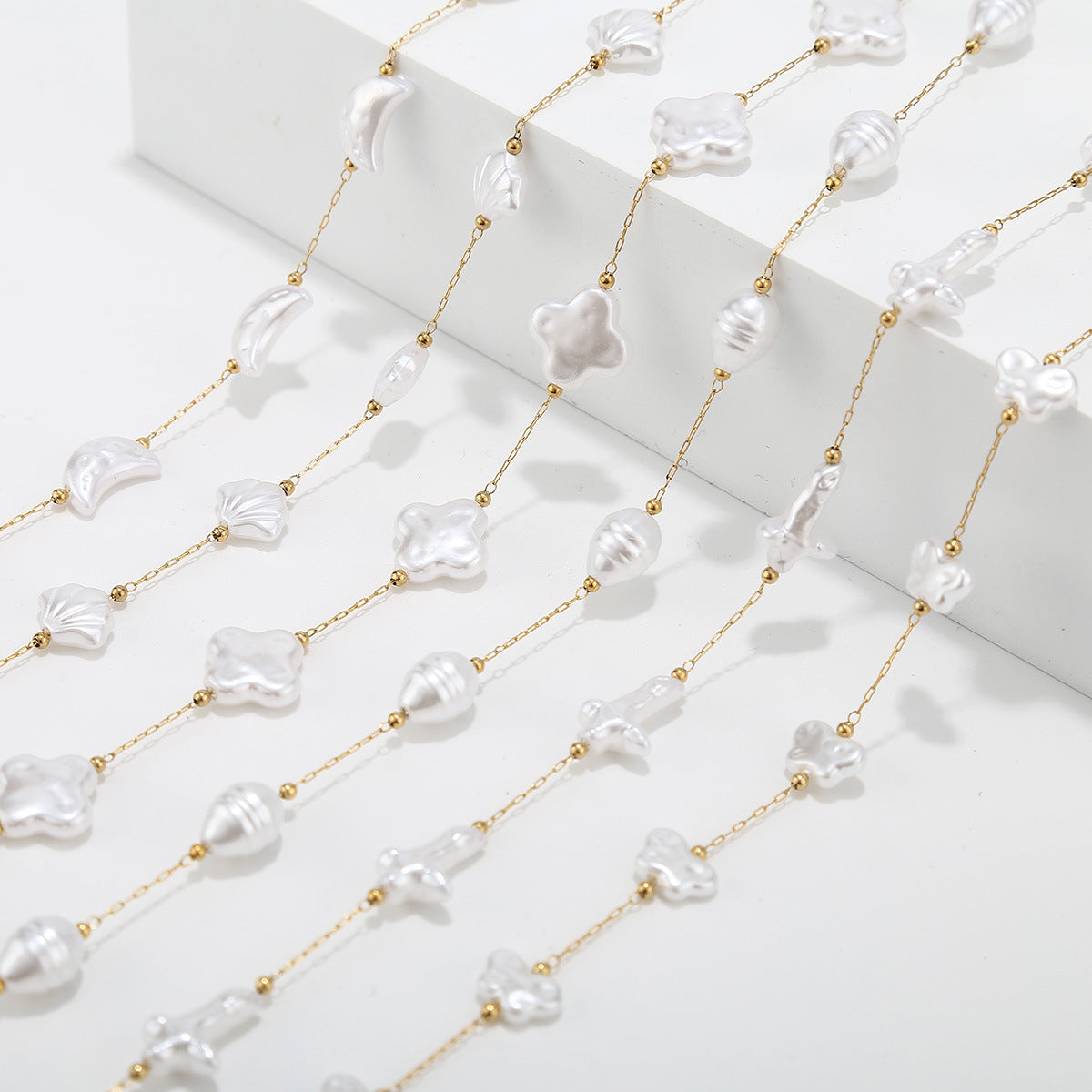 WT-STS020 Newest Fashion Artificial Pearl Flower Cross And Shell Moon Shape Stainless Steel Chain For Lady Bracelet Making