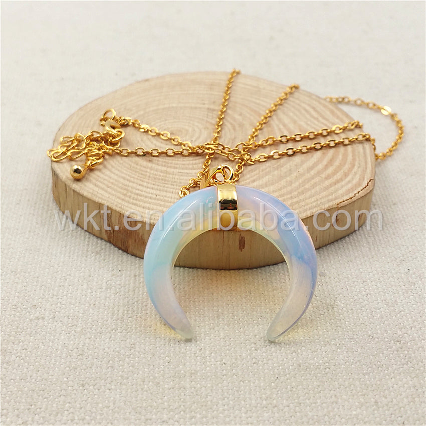 WT-N850 Wholesale Charm Opal Horn Necklace & Pendant,18" Gold Chain Horn Necklace Natural Opal Stone Design Horn Necklace